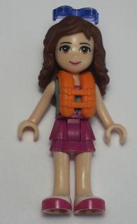 LEGO Minifigure-Olivia, Magenta Layered Skirt, Sand Green Knotted Blouse Top over Magenta and Pink Striped Shirt, Life Vest, Sunglasses-Friends-FRND151-Creative Brick Builders